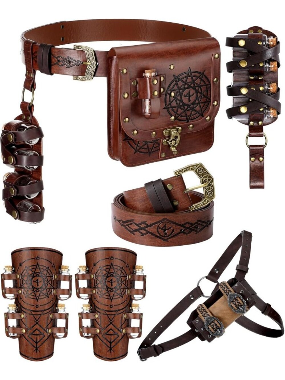 Medieval Fantasy 5-Piece Belt & Pouch Set | Embossed Alchemy Accessories